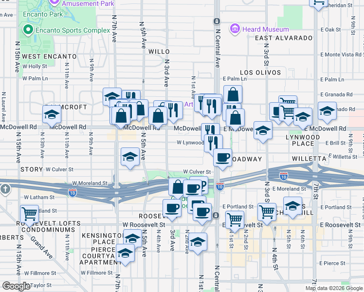 map of restaurants, bars, coffee shops, grocery stores, and more near 70 West Lynwood Street in Phoenix