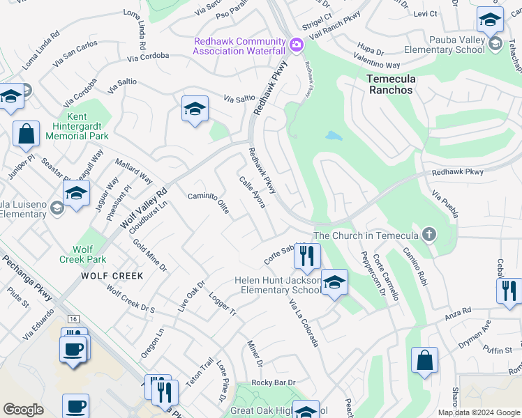 map of restaurants, bars, coffee shops, grocery stores, and more near 45697 Calle Ayora in Temecula
