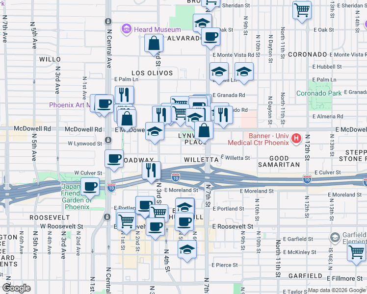 map of restaurants, bars, coffee shops, grocery stores, and more near 1430 North 5th Street in Phoenix