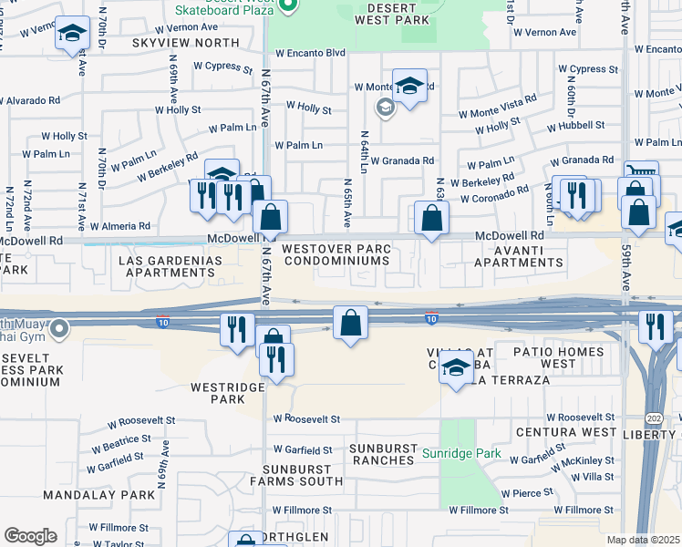 map of restaurants, bars, coffee shops, grocery stores, and more near 6515 West McDowell Road in Phoenix