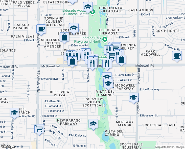 map of restaurants, bars, coffee shops, grocery stores, and more near 7607 East McDowell Road in Scottsdale
