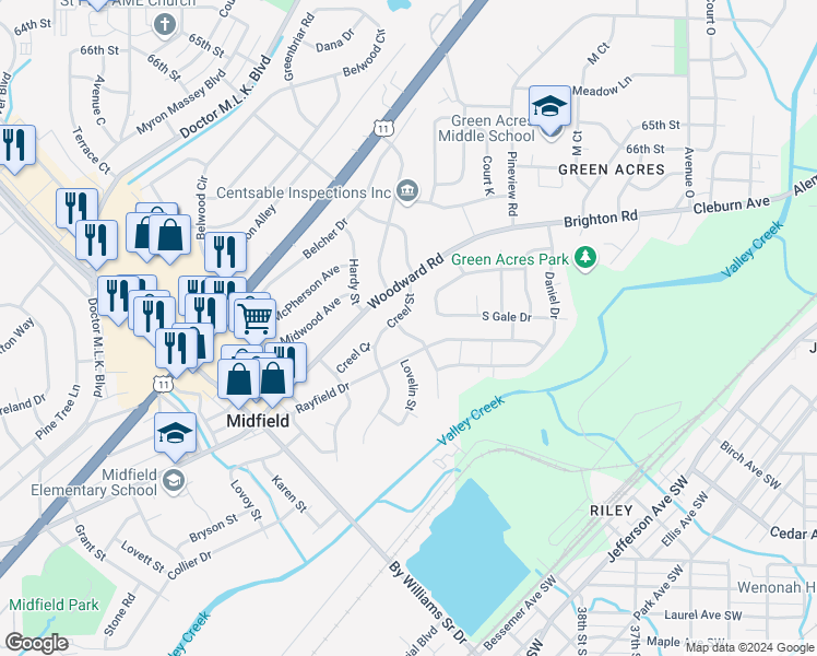 map of restaurants, bars, coffee shops, grocery stores, and more near 405 Midway Street in Midfield