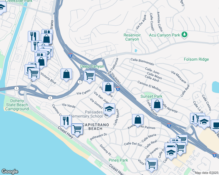 map of restaurants, bars, coffee shops, grocery stores, and more near 34245 Via Lopez in Dana Point