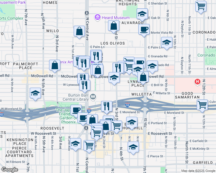 map of restaurants, bars, coffee shops, grocery stores, and more near 1302 North 2nd Street in Phoenix