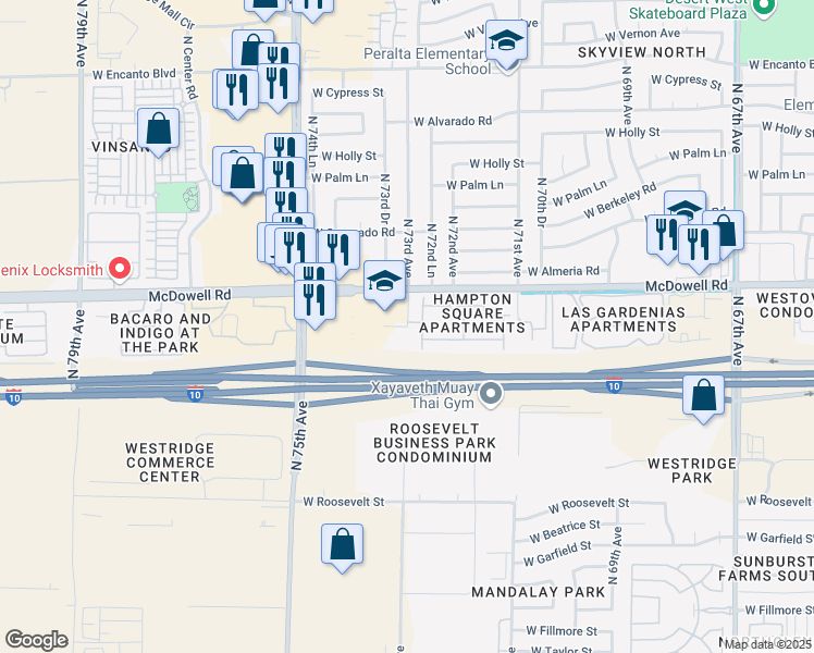 map of restaurants, bars, coffee shops, grocery stores, and more near 7318 West Lynwood Street in Phoenix