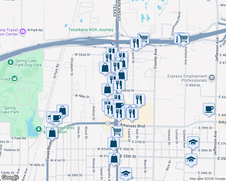 map of restaurants, bars, coffee shops, grocery stores, and more near State Line Avenue in Texarkana
