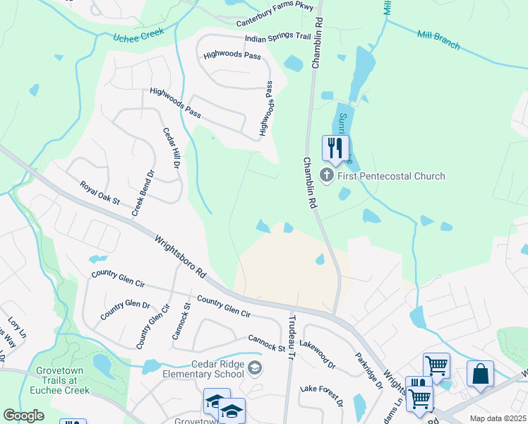 map of restaurants, bars, coffee shops, grocery stores, and more near 730 Meadow Hill Drive in Grovetown