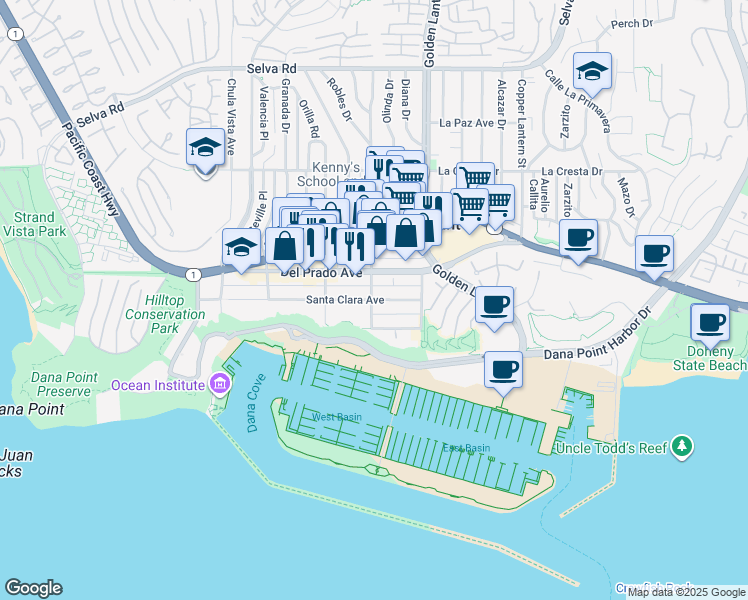 map of restaurants, bars, coffee shops, grocery stores, and more near 24591 Santa Clara Avenue in Dana Point