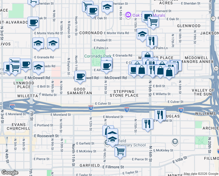 map of restaurants, bars, coffee shops, grocery stores, and more near 1326 East Brill Street in Phoenix