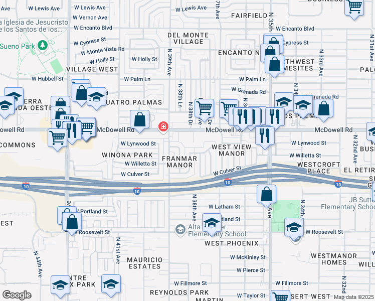 map of restaurants, bars, coffee shops, grocery stores, and more near 3820 West Willetta Street in Phoenix