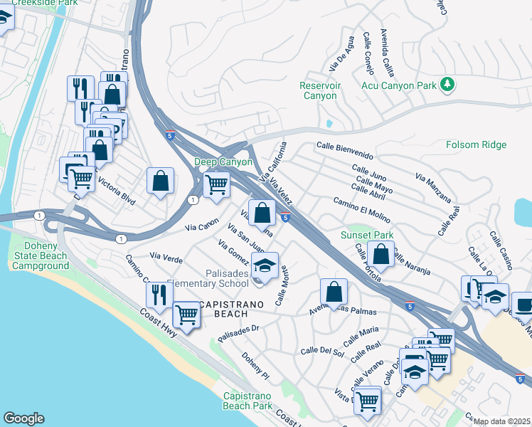 map of restaurants, bars, coffee shops, grocery stores, and more near 34283 Via Lopez in Dana Point
