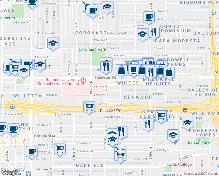 map of restaurants, bars, coffee shops, grocery stores, and more near 1326 East Brill Street in Phoenix