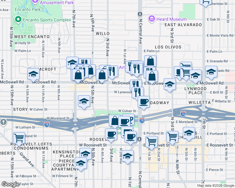 map of restaurants, bars, coffee shops, grocery stores, and more near 70 West Lynwood Street in Phoenix
