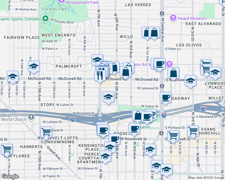 map of restaurants, bars, coffee shops, grocery stores, and more near 522 West Lynwood Street in Phoenix