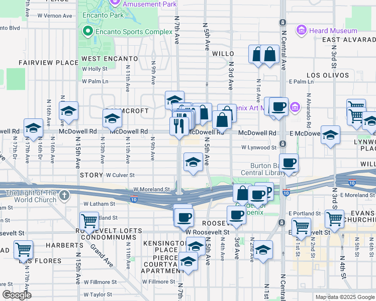 map of restaurants, bars, coffee shops, grocery stores, and more near 522 West Lynwood Street in Phoenix