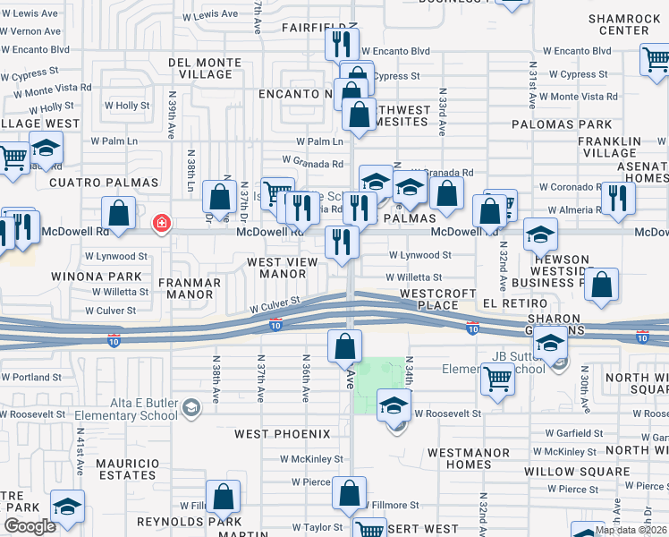 map of restaurants, bars, coffee shops, grocery stores, and more near 3518 West Lynwood Street in Phoenix