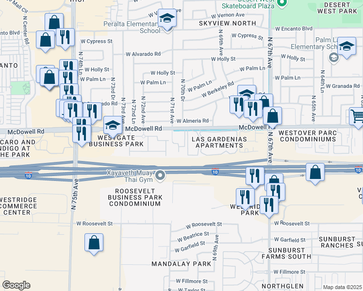 map of restaurants, bars, coffee shops, grocery stores, and more near 7021 Ventana Palms Inc in Phoenix