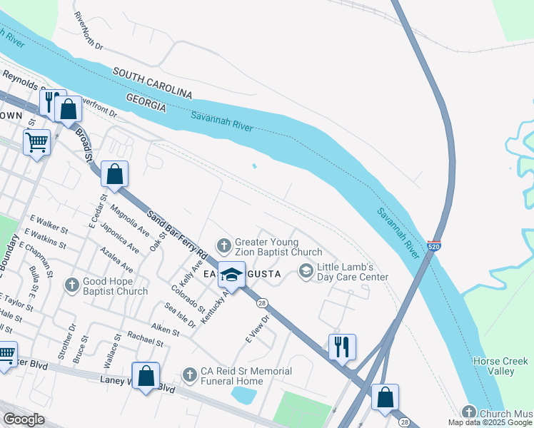 map of restaurants, bars, coffee shops, grocery stores, and more near 419 Fairhope Street in Augusta