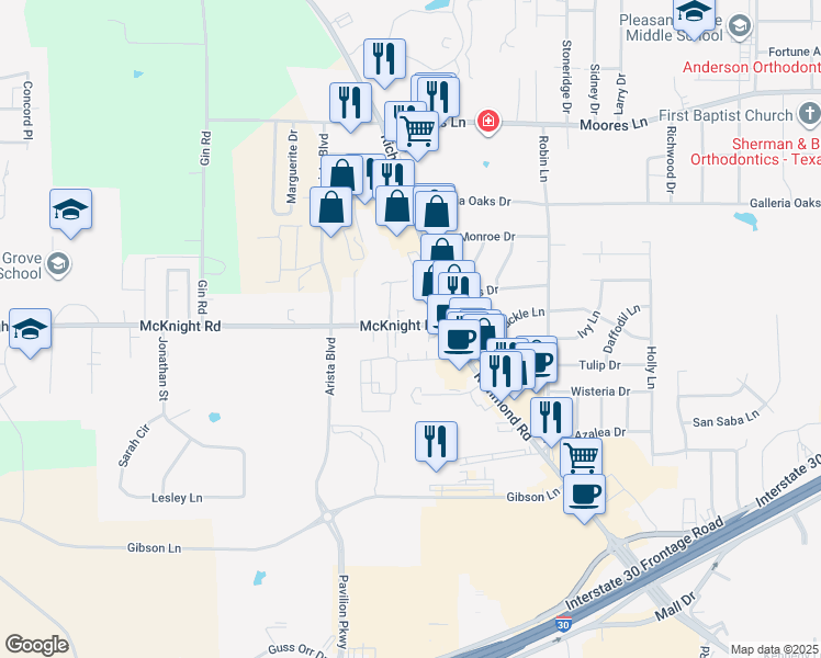 map of restaurants, bars, coffee shops, grocery stores, and more near 4210 McKnight Road in Texarkana