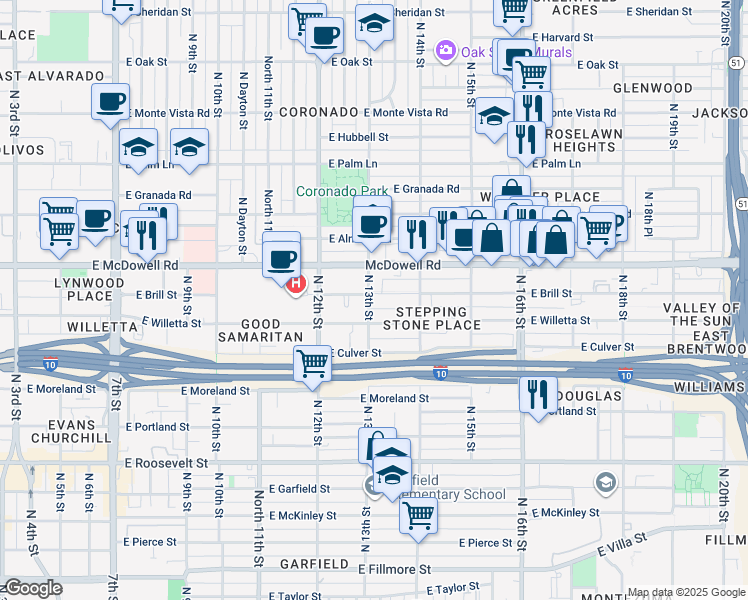 map of restaurants, bars, coffee shops, grocery stores, and more near 1301 East Brill Street in Phoenix