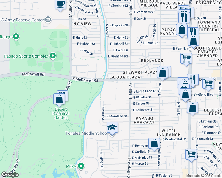 map of restaurants, bars, coffee shops, grocery stores, and more near 6601 East McDowell Road in Scottsdale