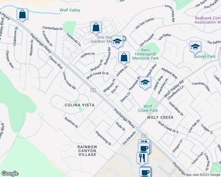 map of restaurants, bars, coffee shops, grocery stores, and more near 45686 Magnolia Place in Temecula