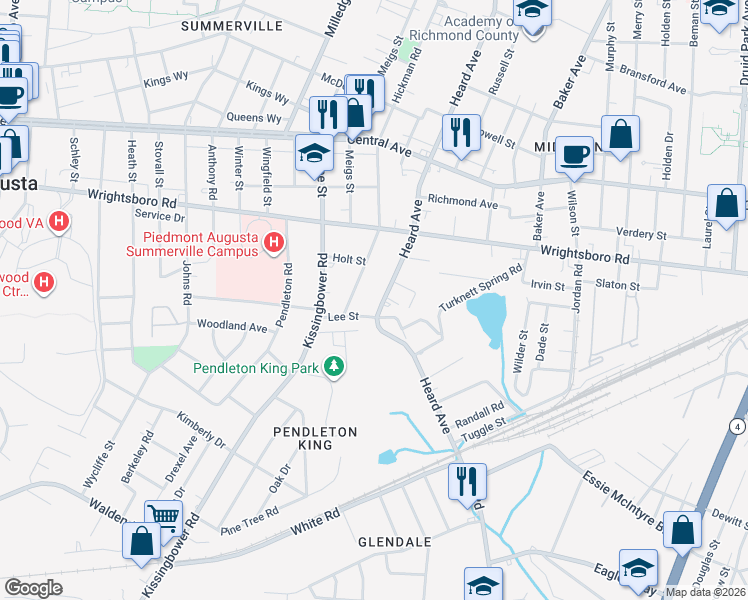 map of restaurants, bars, coffee shops, grocery stores, and more near 1422 Hickman Road in Augusta