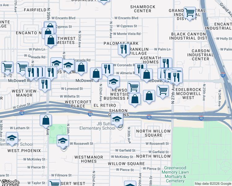 map of restaurants, bars, coffee shops, grocery stores, and more near 3025 West McDowell Road in Phoenix