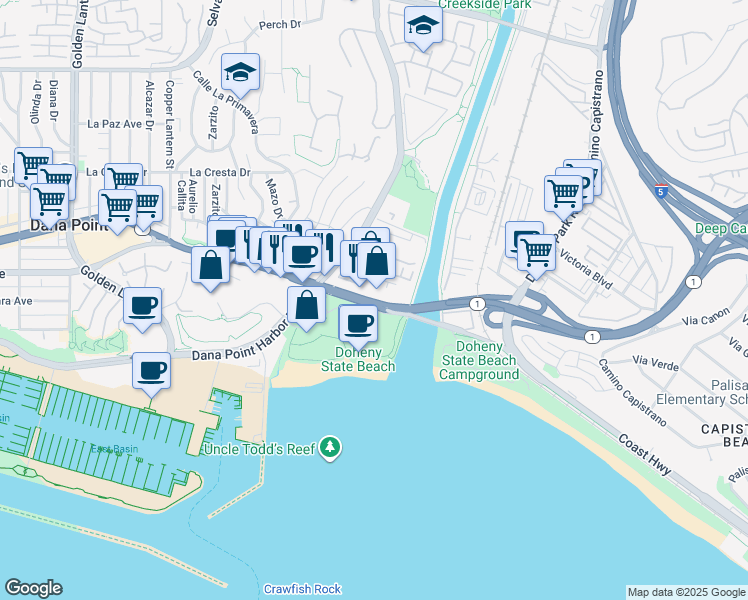 map of restaurants, bars, coffee shops, grocery stores, and more near 34352 Pacific Coast Highway in Dana Point