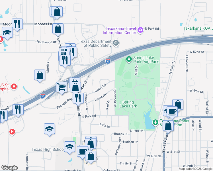 map of restaurants, bars, coffee shops, grocery stores, and more near 80 Valley Road in Texarkana