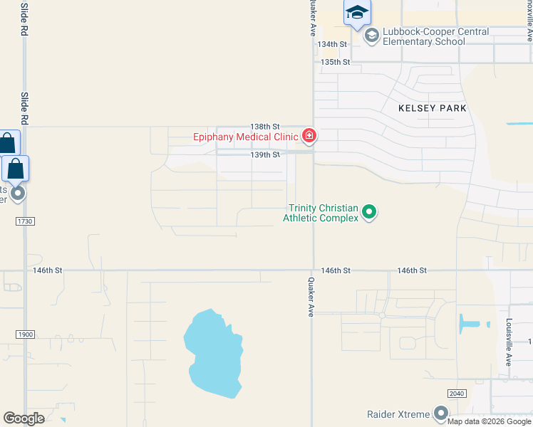 map of restaurants, bars, coffee shops, grocery stores, and more near Quinton Avenue in Lubbock