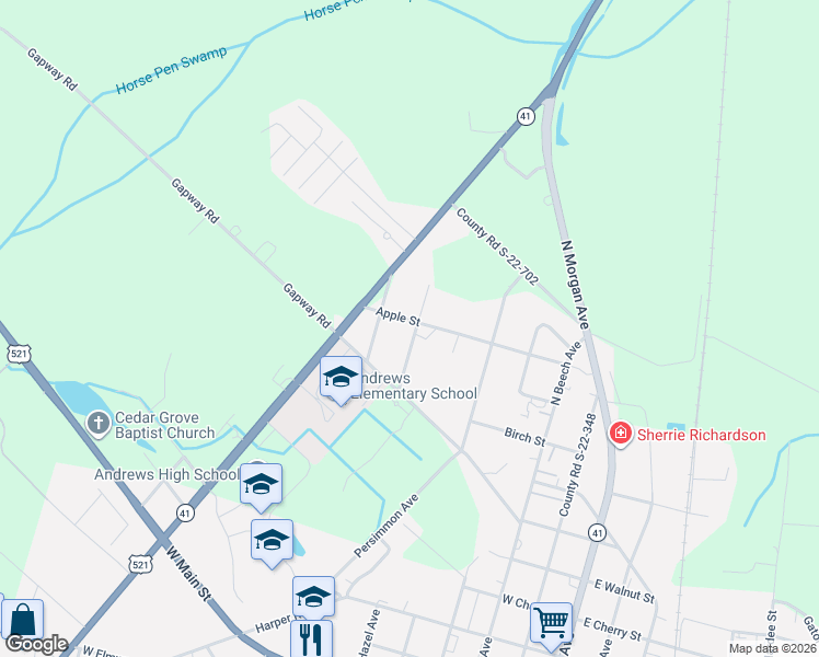 map of restaurants, bars, coffee shops, grocery stores, and more near 185 State Road S-22-496 in Andrews