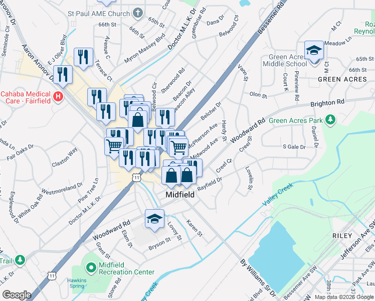 map of restaurants, bars, coffee shops, grocery stores, and more near 300 McPherson Avenue in Midfield