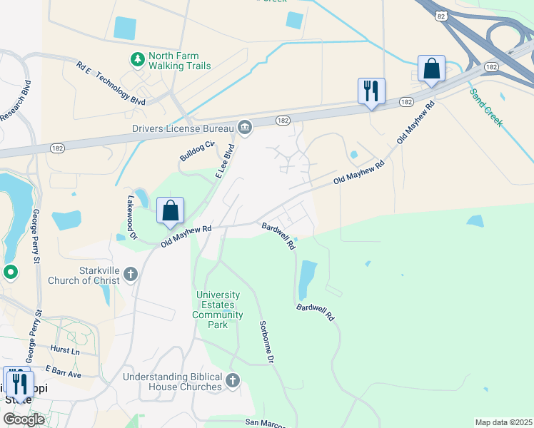 map of restaurants, bars, coffee shops, grocery stores, and more near 765 Old Mayhew Road in Starkville