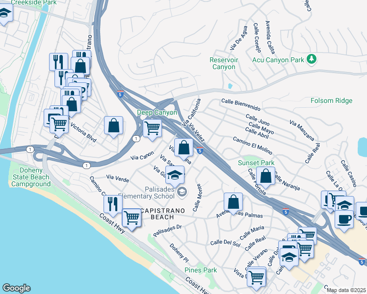 map of restaurants, bars, coffee shops, grocery stores, and more near in Dana Point