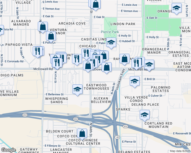 map of restaurants, bars, coffee shops, grocery stores, and more near 1515 North 44th Street in Phoenix