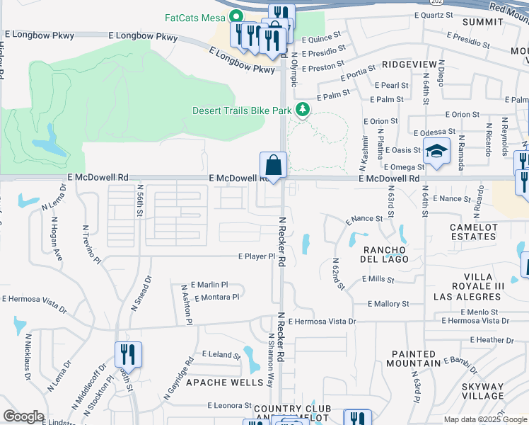 map of restaurants, bars, coffee shops, grocery stores, and more near 5950 East Norland Street in Mesa