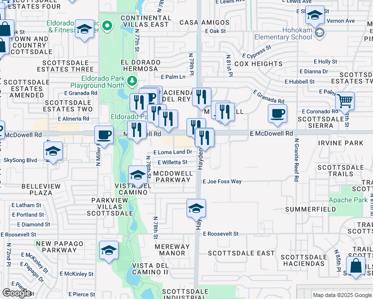 map of restaurants, bars, coffee shops, grocery stores, and more near 7918 East Loma Land Drive in Scottsdale