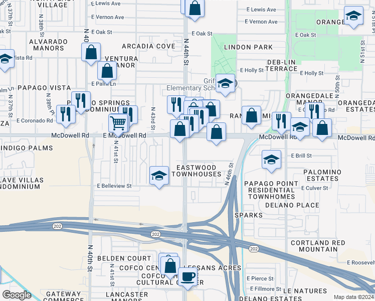 map of restaurants, bars, coffee shops, grocery stores, and more near 1515 North 44th Street in Phoenix