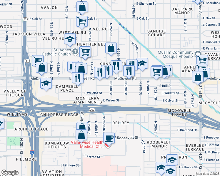 map of restaurants, bars, coffee shops, grocery stores, and more near 2546 East Brill Street in Phoenix