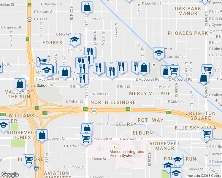 map of restaurants, bars, coffee shops, grocery stores, and more near 2546 East Brill Street in Phoenix