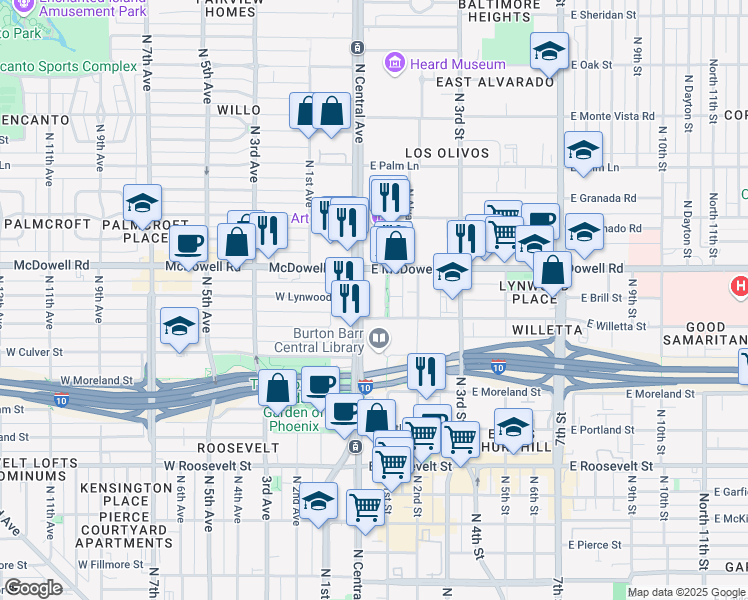 map of restaurants, bars, coffee shops, grocery stores, and more near 1425 North 1st Street in Phoenix