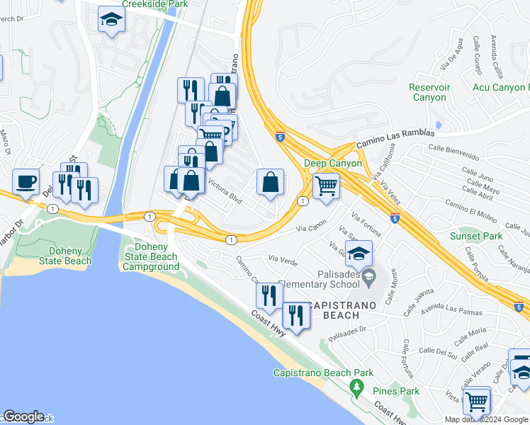map of restaurants, bars, coffee shops, grocery stores, and more near 34244 Via Santa Rosa in Dana Point