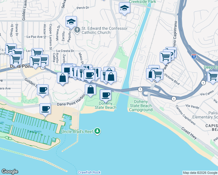 map of restaurants, bars, coffee shops, grocery stores, and more near 34312 Pacific Coast Highway in Dana Point