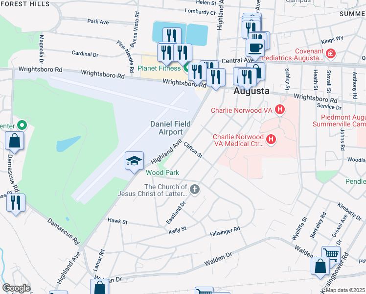 map of restaurants, bars, coffee shops, grocery stores, and more near 1775 Highland Avenue in Augusta