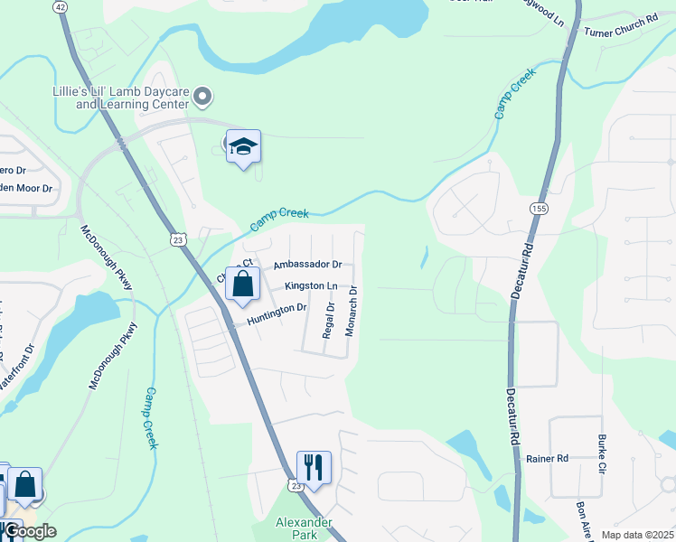map of restaurants, bars, coffee shops, grocery stores, and more near 7000 Regency Lane in McDonough