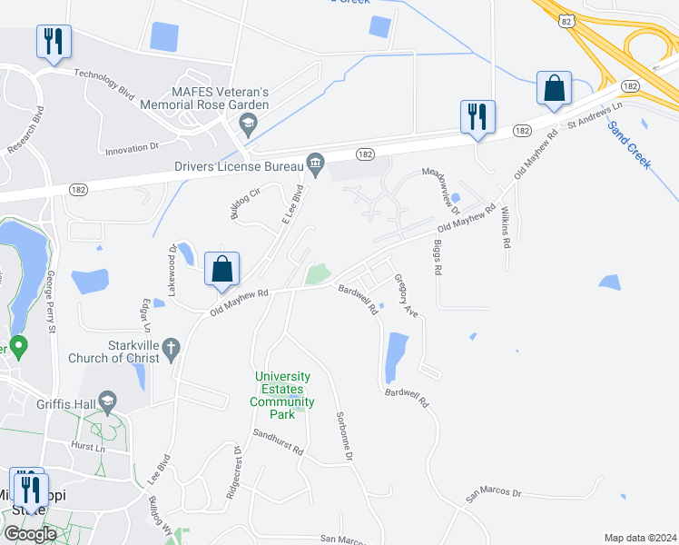 map of restaurants, bars, coffee shops, grocery stores, and more near 765 Old Mayhew Road in Starkville