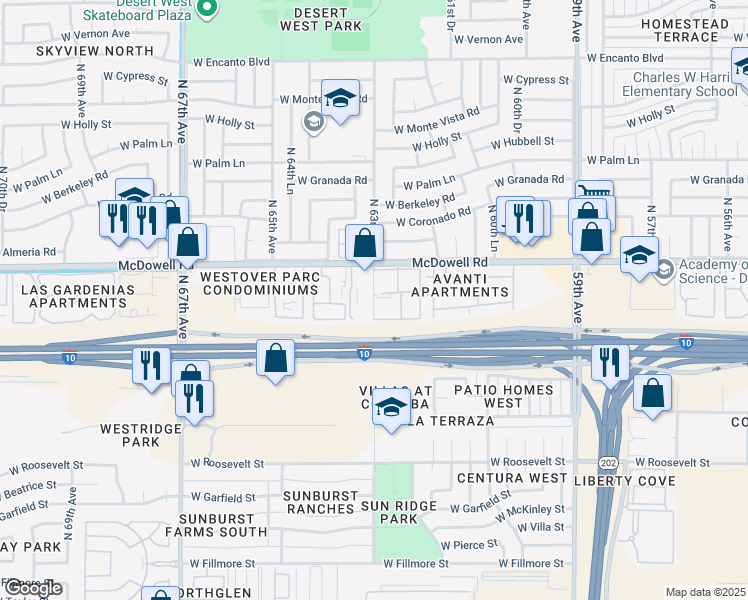 map of restaurants, bars, coffee shops, grocery stores, and more near 1392 North 63rd Avenue in Phoenix