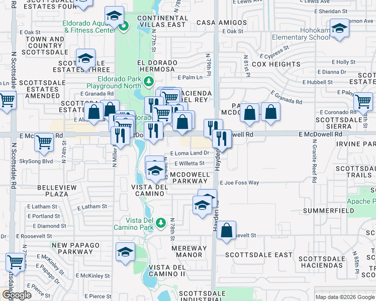 map of restaurants, bars, coffee shops, grocery stores, and more near 7843 East McDowell Road in Scottsdale