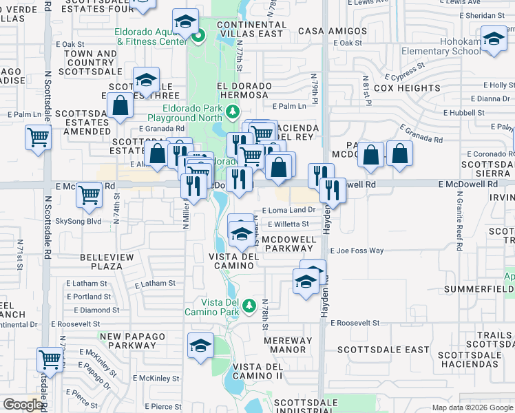 map of restaurants, bars, coffee shops, grocery stores, and more near 7745 East McDowell Road in Scottsdale